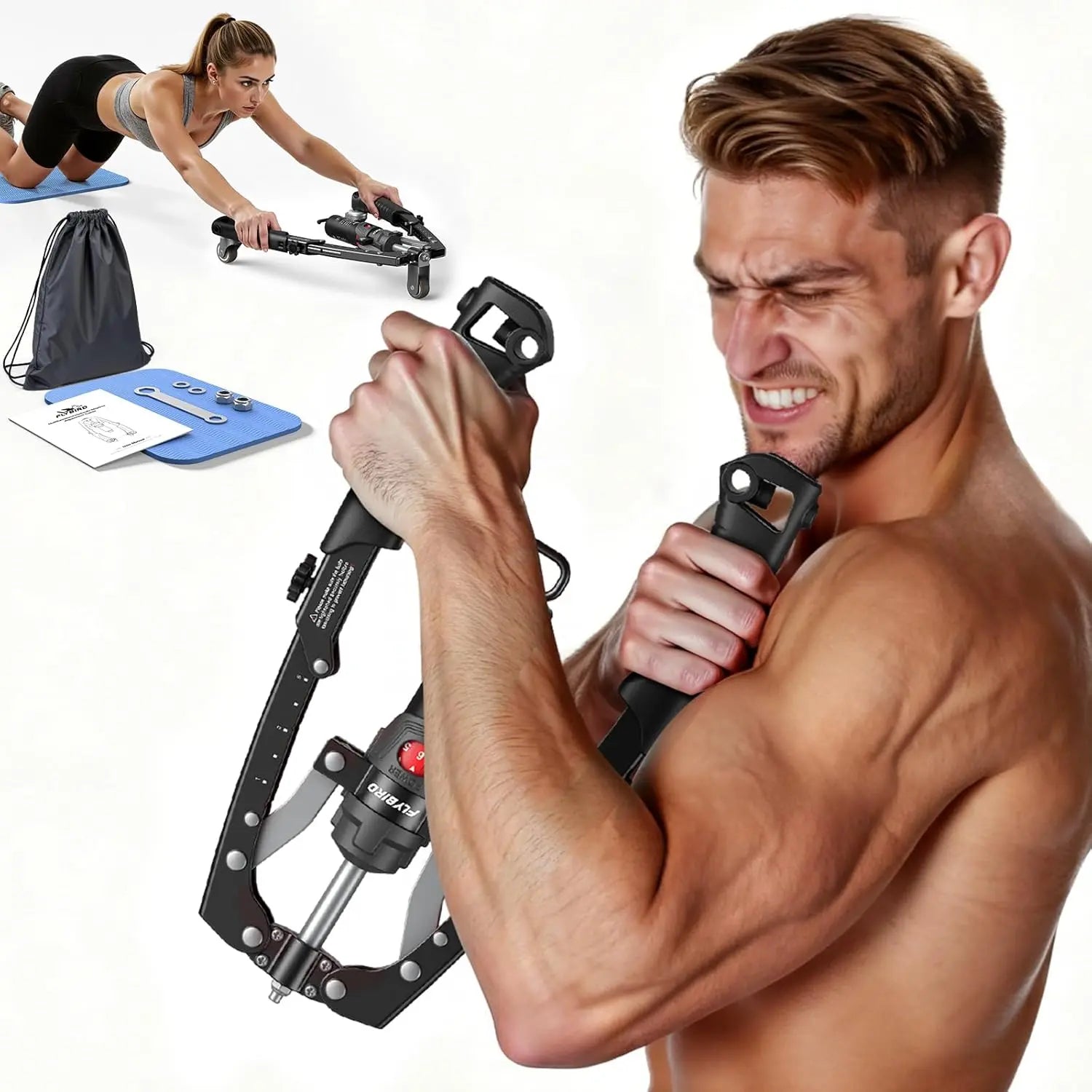 FLYBIRD 3-In-1 Hydraulic Chest Twister & Arm Trainer: Adjustable 22-440Lbs Core Trainer with Ab Roller Wheel - Home Gym Strength Training Equipment, Full Body Workout Accessory (Pad & Bag Incl.) for Men Women#Summervibes Summervibes,